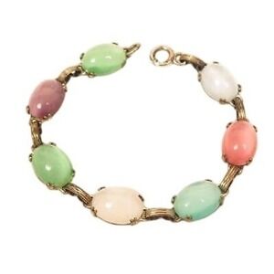 Antique Sterling Silver Multi-colored Glass Moonstone Linked Bracelet